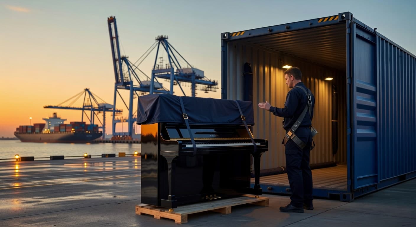Piano transport at port: upright piano being loaded into a purpose-built shipping container, harbor cranes and container ship in the background